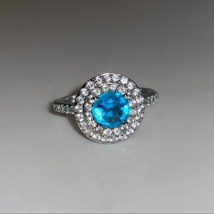 Double Halo Ring with Blue Stone Size 7